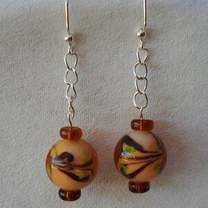 Amber Glass Marble Earrings Handcrafted Green Brown Beaded Dangle Pierced New